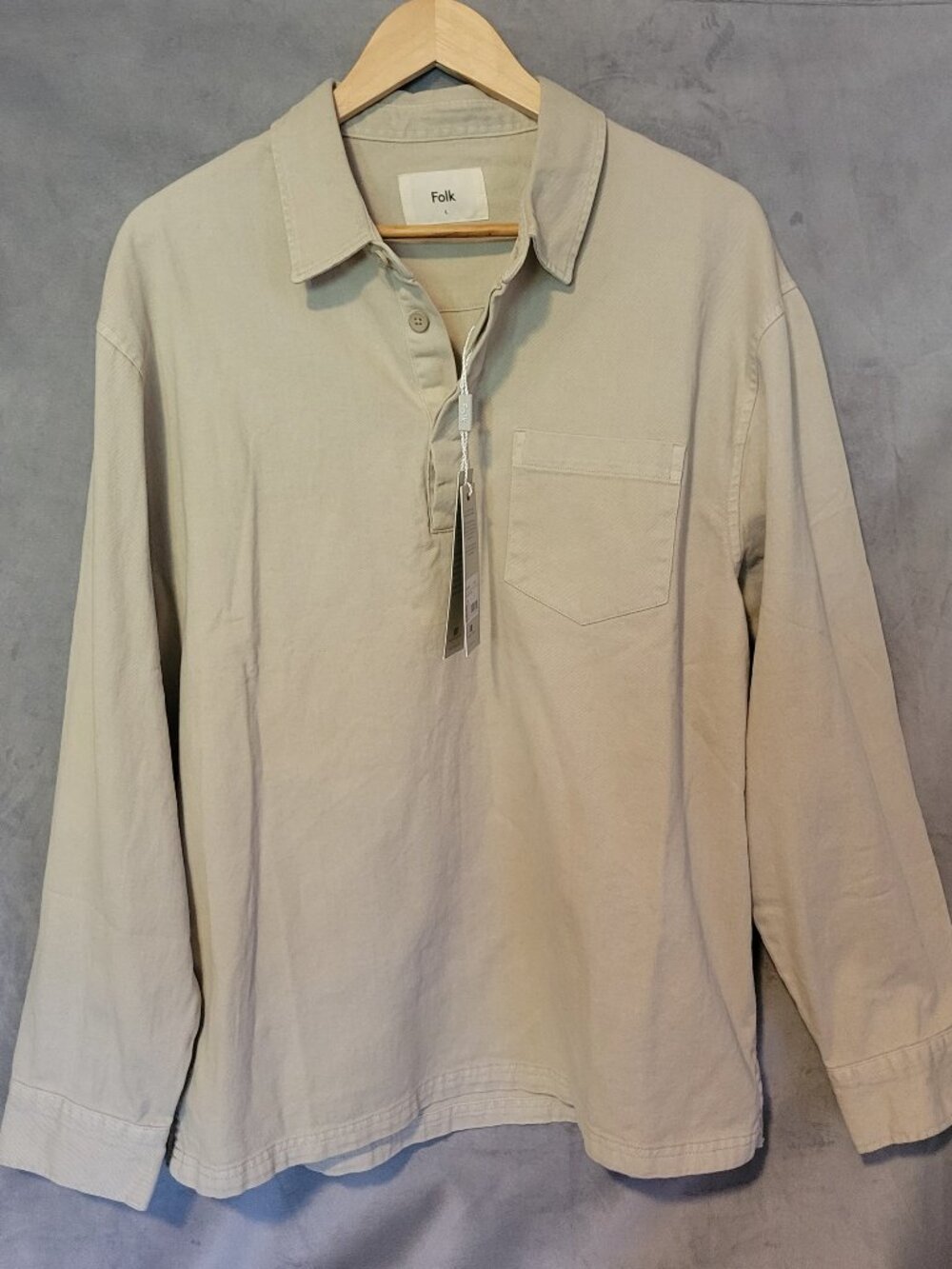 Folk Quinn Rugby Polo Men's L Stone Long Sleeve Cotton Twill  Pockets Casual NWT